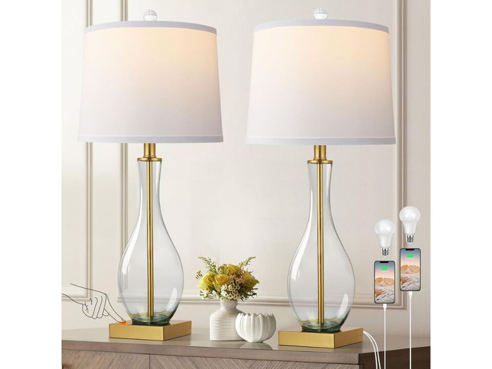 27 Inch Touch Control Glass Table Lamps Set of 2 with USB