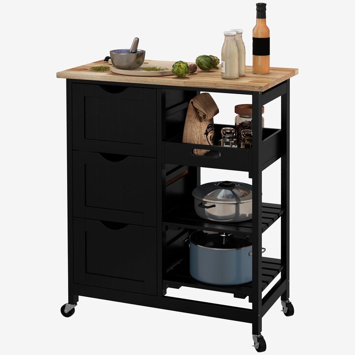 Black Kitchen Island: Wood Top, Shelves, Drawers, Wheeled