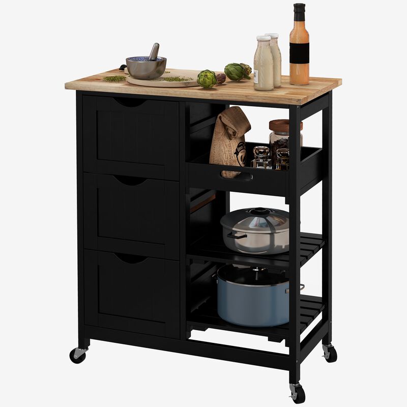 Black Kitchen Island: Wood Top, Shelves, Drawers, Wheeled