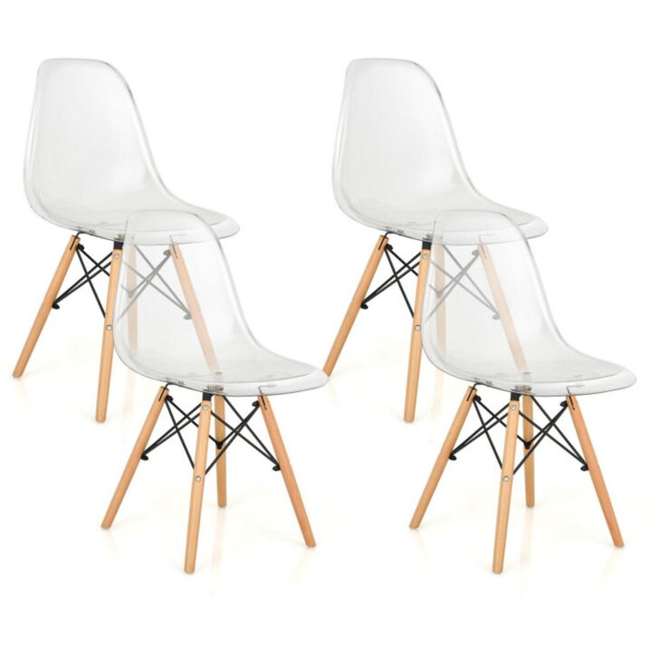 Hivvago Set of 4 Dining Chairs Modern Plastic Shell Side Chair with Clear Seat and Wood Legs-Transparent