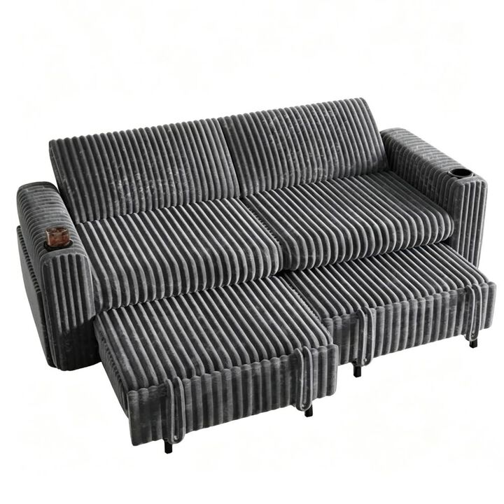 91" Convertible Sleeper Sofa Bed, Loveseat with 5-Level Reclining Backrest, Pull-Out Bed, USB Ports
