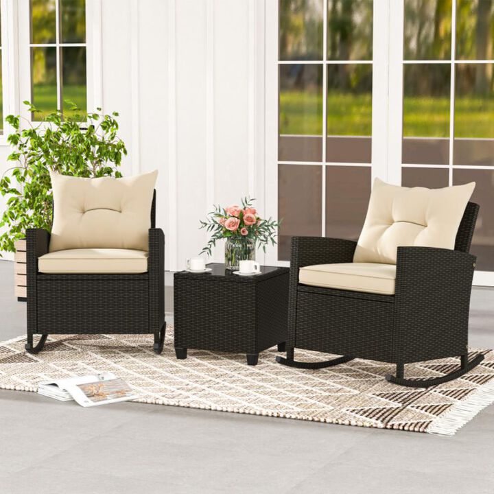 Hivvago 3-Piece Patio Rattan Roker Chairs with Tempered Glass Table and Soft Cushions