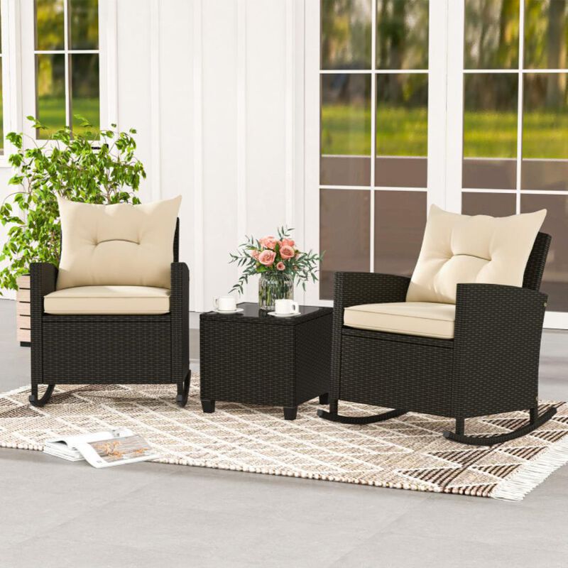 Hivvago 3-Piece Patio Rattan Roker Chairs with Tempered Glass Table and Soft Cushions image number 1