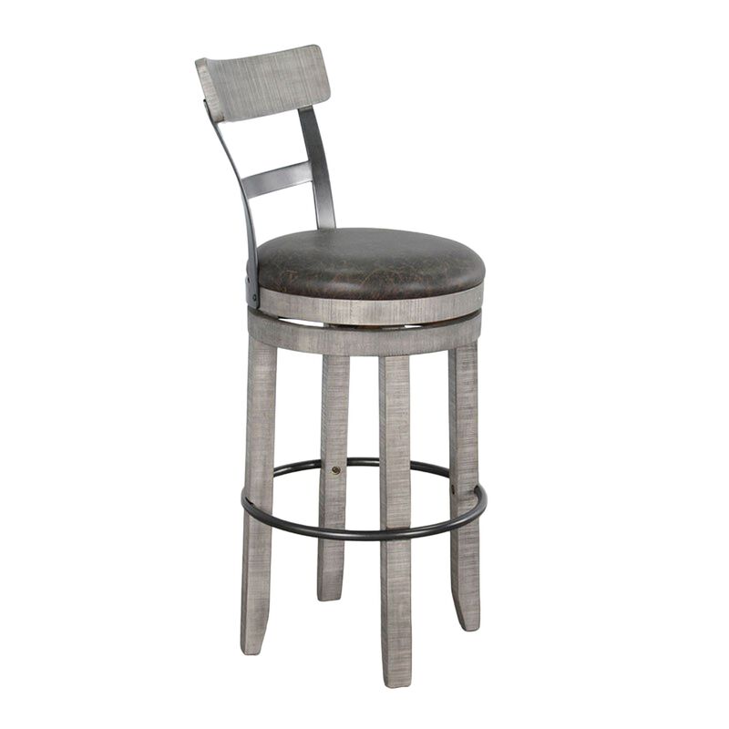 Zeka Swivel Barstool Chair Set of 2, Faux Leather, Gray Mahogany Wood - Benzara