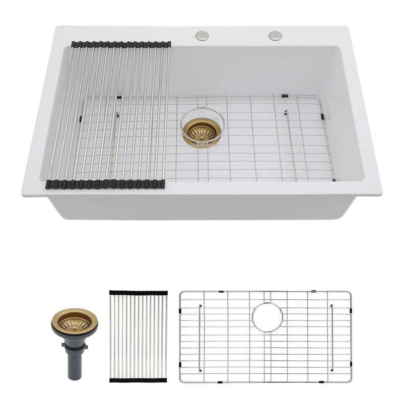 33x22x10 Inch White Granite Composite Drop In kitchen Sink Single Bowl Quartz Kitchen Sink image number 0