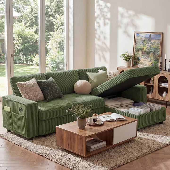 105" U-Shaped Sleeper Sofa Bed, Corduroy Pull Out Couch with Reversible Storage Chaise, 5-Position