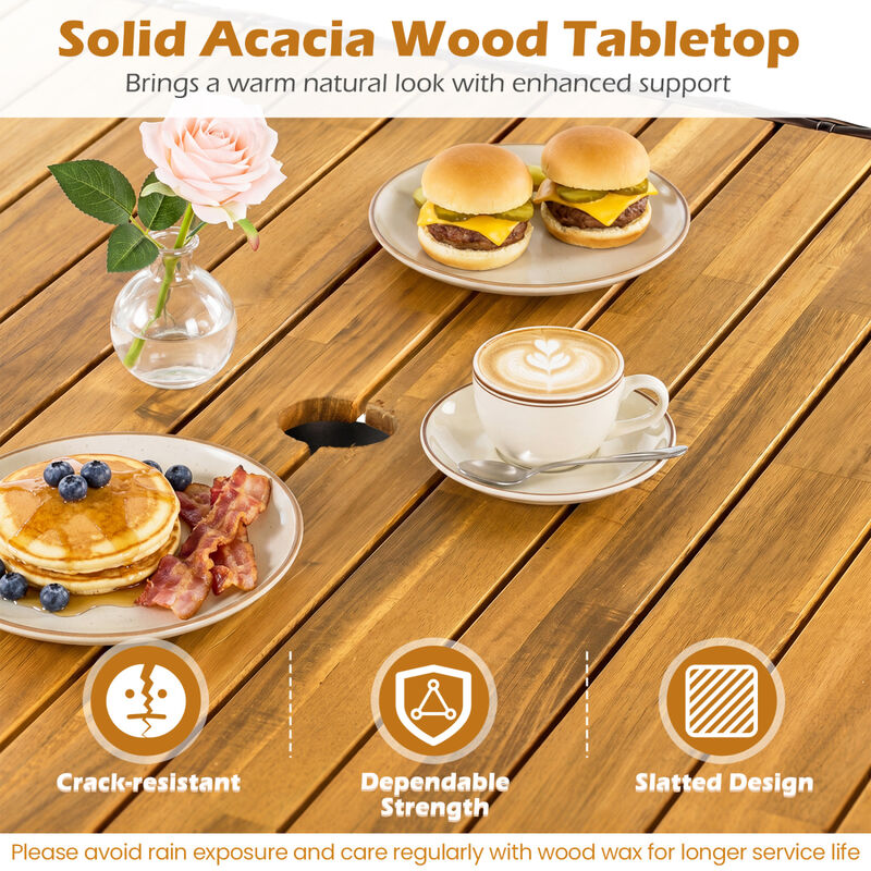 37 Inch Square Outdoor Dining Table for 4 with Acacia Wood and Umbrella Hole image number 6