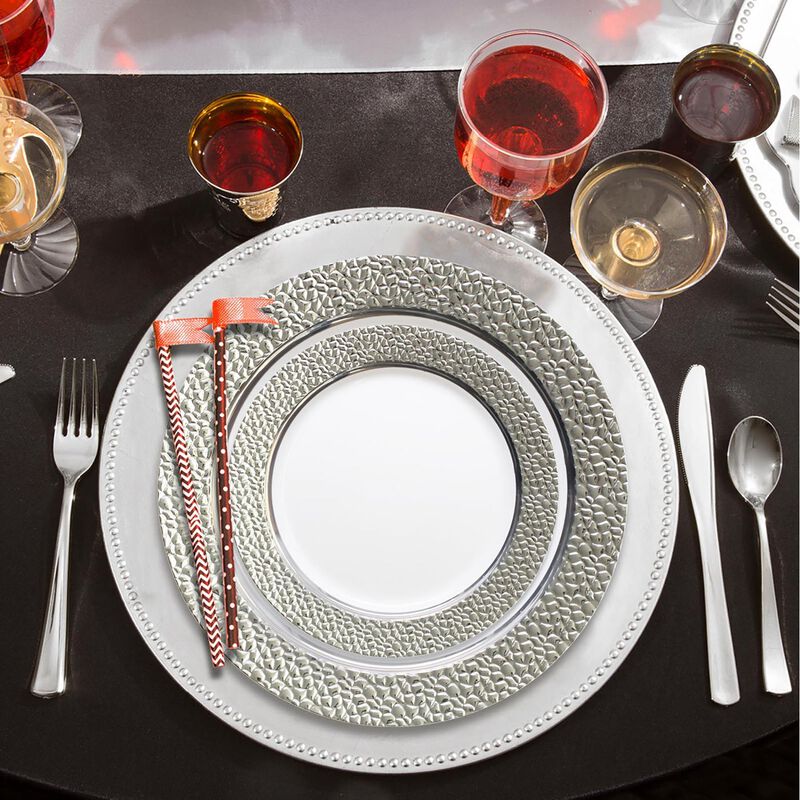 White with Silver Hammered Rim Round Plastic Wedding Value Set (30 Sets) image number 8