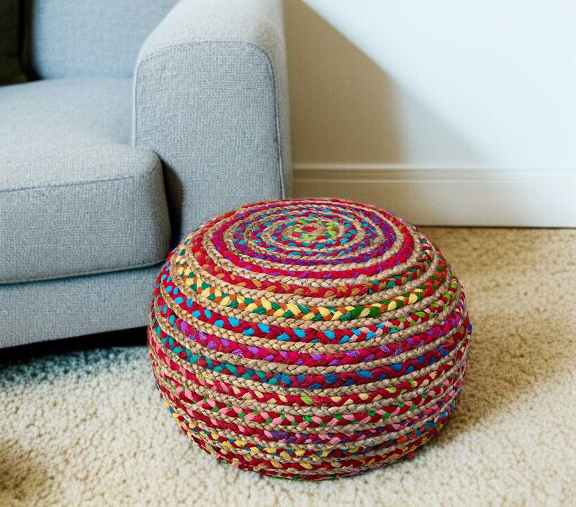Round Striped Cotton Blend Pouf – Ottoman Accent Seat for Bedroom or Study