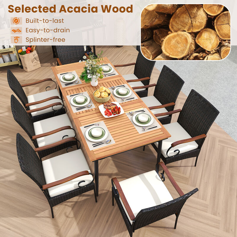 Outdoor Dining Table and 8 Rattan-woven Dining Chairs with Acacia Wood Tabletop