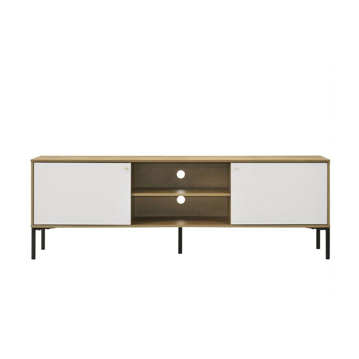 Brick TV Stand Cabinet with 2 Doors, Black Metal, White, Oak Brown - Benzara