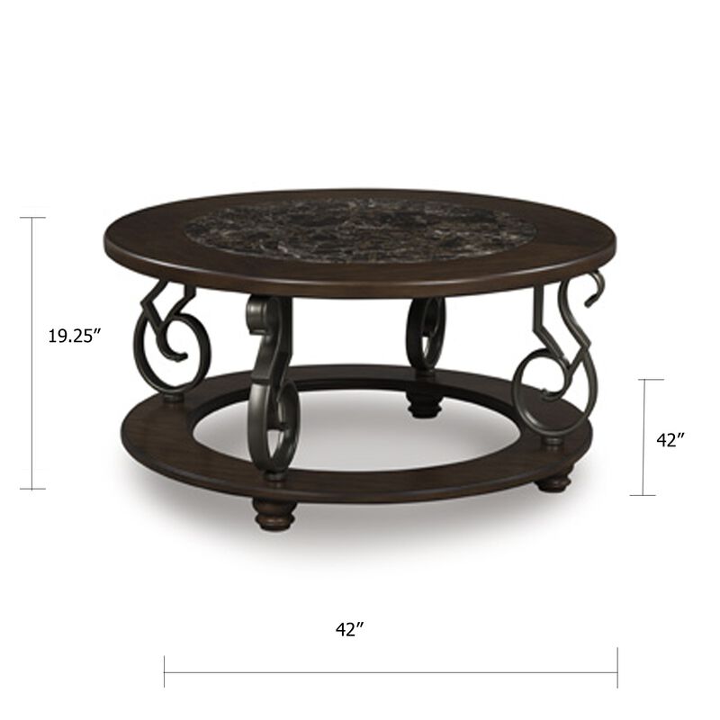 Falu Coffee Table, 42 Inch Round Faux Marble Top, Classic Scrolled, Brown image number 5