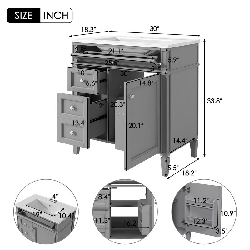 30 in. W Modern Single Sink Bathroom Vanity with 2 Drawers and 1 Tip-Out Drawer image number 7