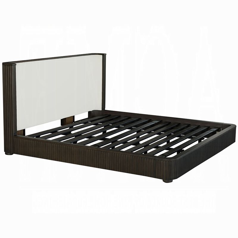 Jeh King Size Bed, White Upholstered, Espresso Brown Ribbed Details - Benzara