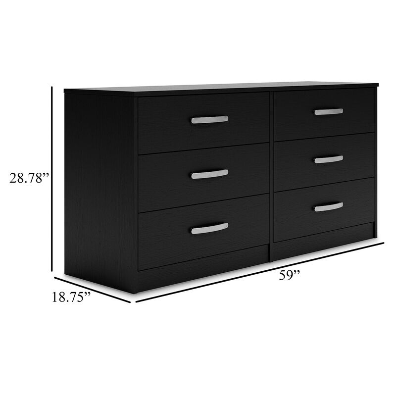 Finny Wide Dresser, 6 Drawers, Matte Black, Silver Metal, 59 Inch - Benzara