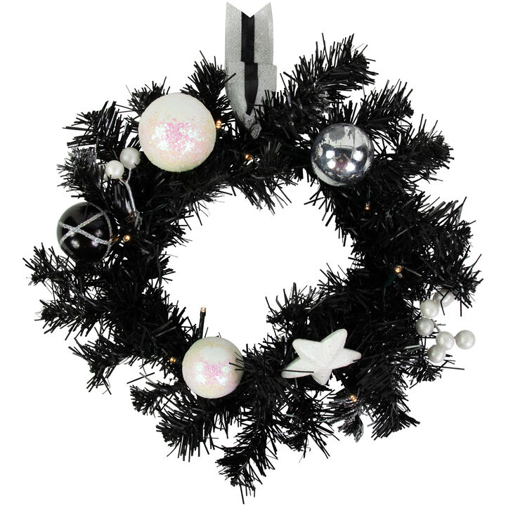 16" Pre-Lit Decorated Black Pine Artificial Christmas Wreath  Cool White LED Lights