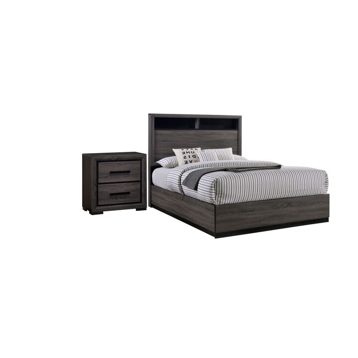 2pc King Bedroom Set, Gray, Black Wood, Nightstand