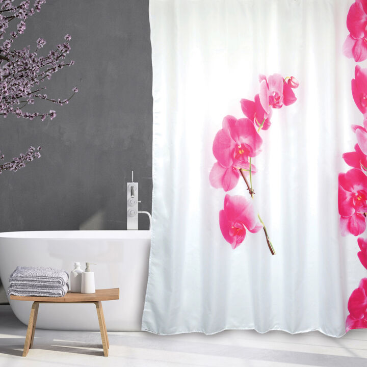 MSV LANYU Polyester Shower Curtain 180x200cm White & Pink Flowers Pattern - Rings Included