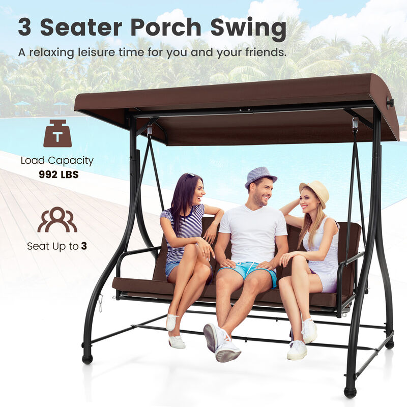 3 Seat Outdoor Porch Swing with Adjustable Canopy