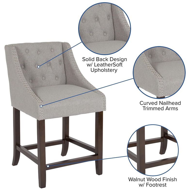 Flash Furniture Carmel Series 24" High Transitional Tufted Walnut Counter Height Stool with Accent Nail Trim in Light Gray Fabric