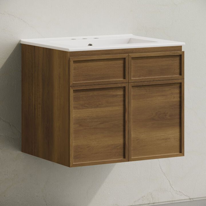 24" Wall-Mounted Bathroom Vanity in Brown Oak with 3-Hole Centerset Sink Top