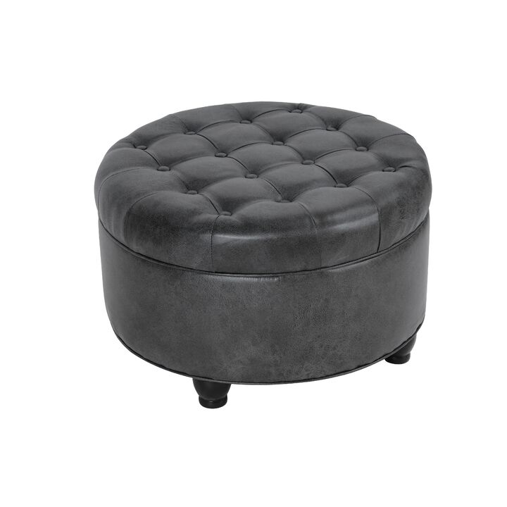 Gery Storage Ottoman, 25 Inch Round Tray Top, Dark Gray Faux Leather