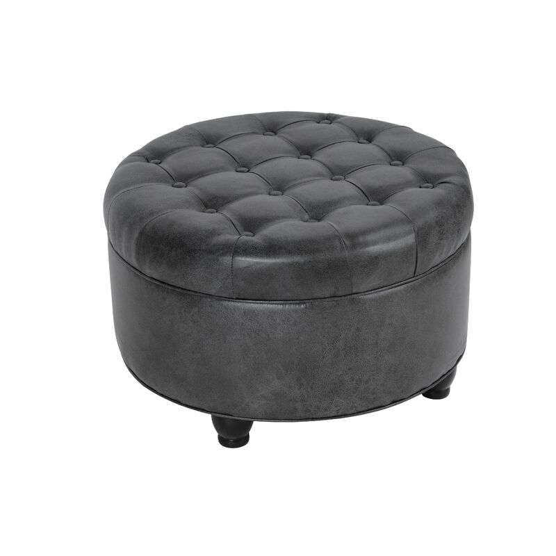 Gery Storage Ottoman, 25 Inch Round Tray Top, Dark Gray Faux Leather