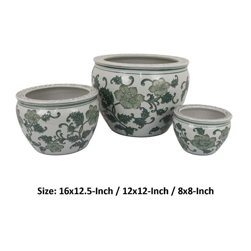 Hely 3 Planter Set, Green White Floral Glazed Ceramic 16, 12, 8 Inch