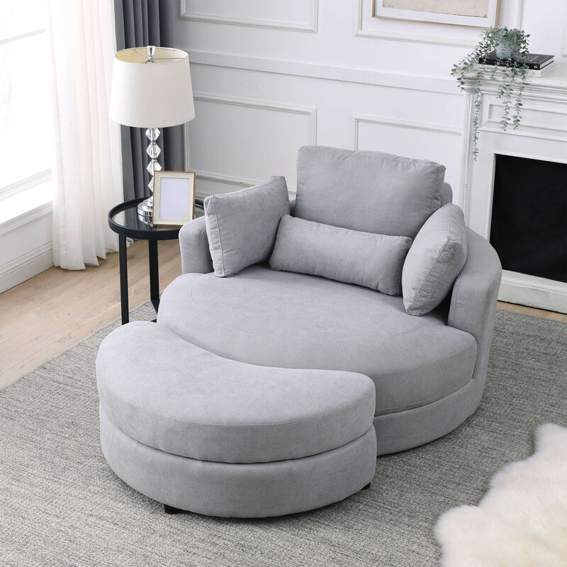 Swivel Accent Barrel Modern Grey Sofa Lounge Club Big Round Chair with Storage Ottoman Linen Fabric for Living Room Hotel with Pillows .2 PCS