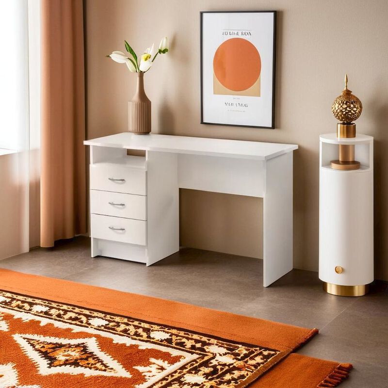 FurniFact Sleek White Computer Desk with Three Drawers and Open Shelf for Storage