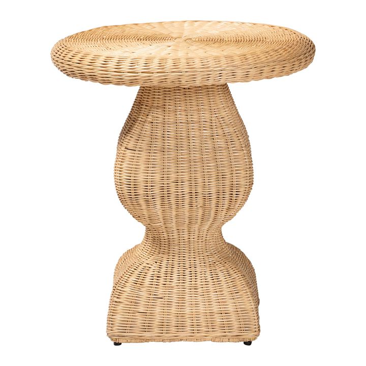 bali & pari Hideo Natural Rattan End Table - Handwoven Wicker Sculptural Accent Table with Pedestal Base