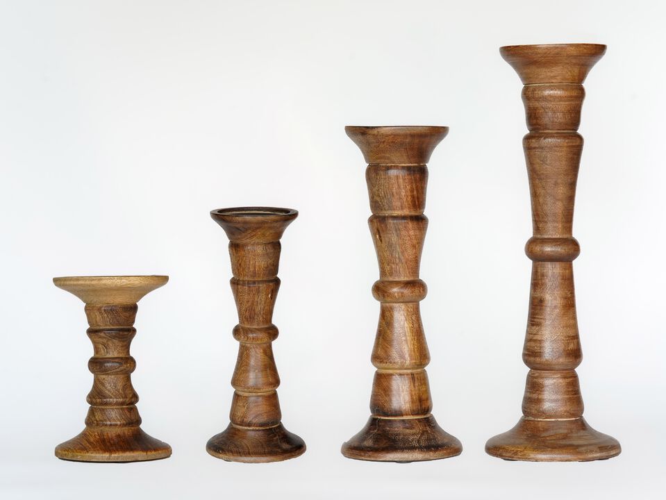 Traditional Medium Burnt Eco-friendly Handmade Mango Wood Set Of Four 6",9",12" & 15" Pillar Candle Holder