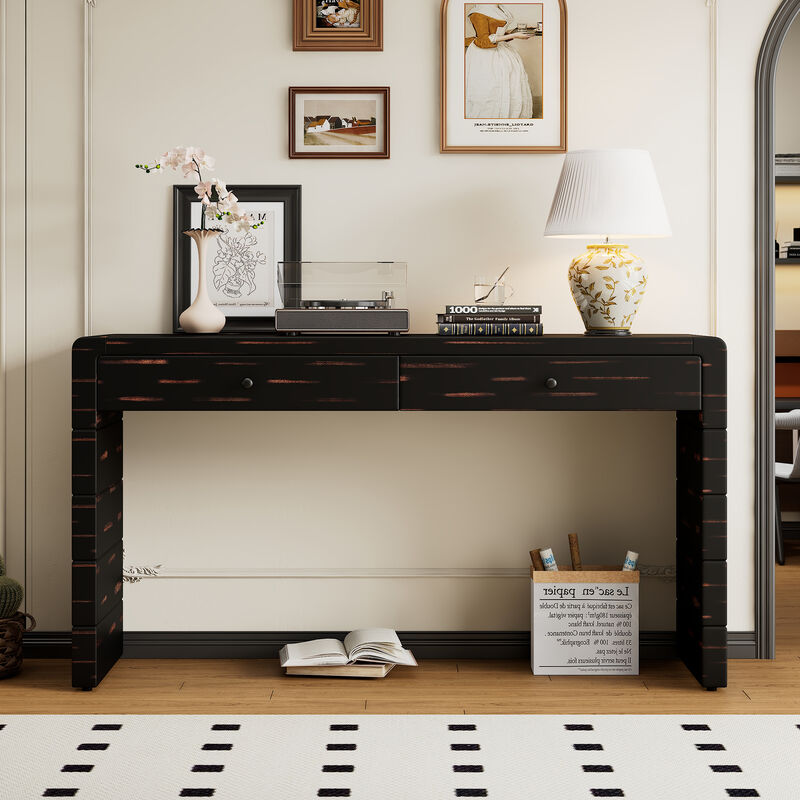Curved Console Table with Storage, Wooden Entryway Table with 2 Drawers