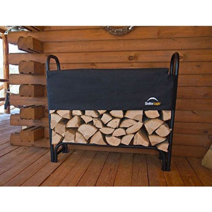 QuikFurn Outdoor Firewood Rack 4-Ft Steel Frame Wood Log Storage with Cover