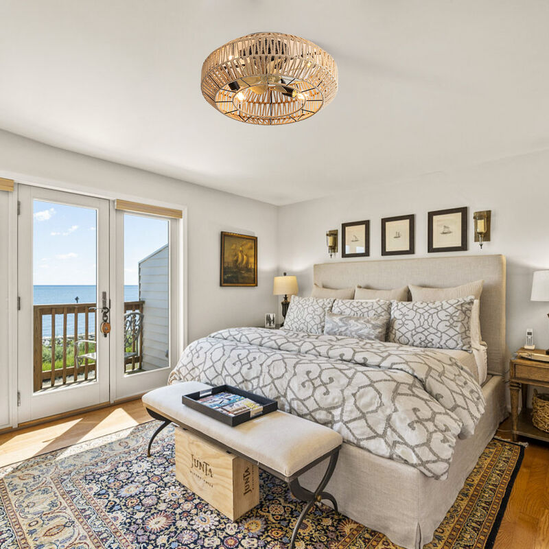 22 Inch Boho Caged Ceiling Fan With Enclosed Rattan 6 Speeds Remote Control Reversible DC Motor image number 1