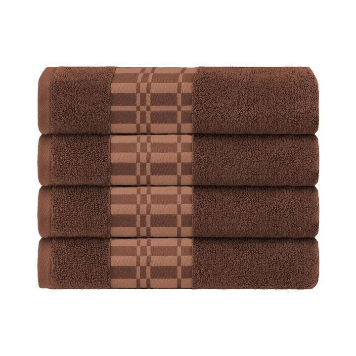 4-Piece Cotton Bath Towel Set with Geometric Border Design