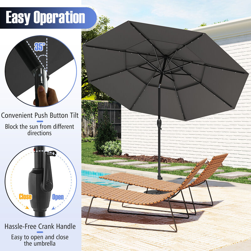 Solar Patio Umbrella with 32 LED Lights 3-Tier Vented Top