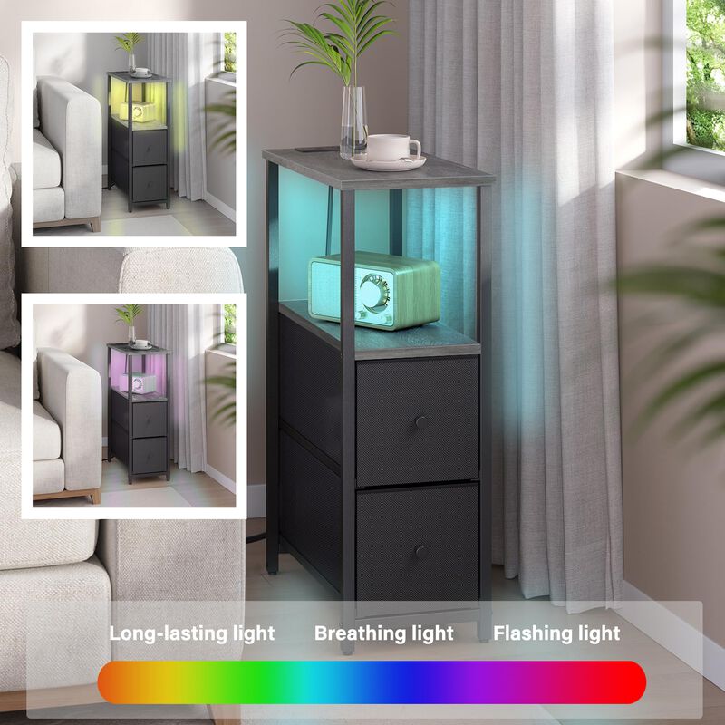 TUTOTAK Small Narrow LED End Table with Charging Station, Side Table Outlets, Nightstand with 2 Cloth Drawers, Set of 2, Couch T