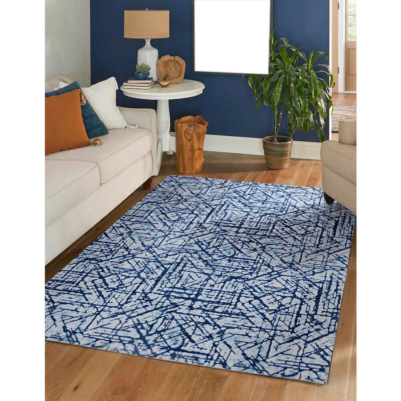 Linon Motif Printed Faux Rabbit Ingrain Blue White, Rug image number 5