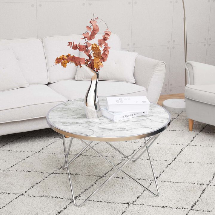 Margo Small Round Faux White Carrara Marble Coffee Table, White