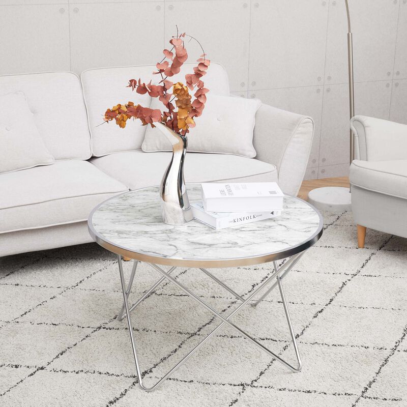 Margo Small Round Faux White Carrara Marble Coffee Table, White image number 1
