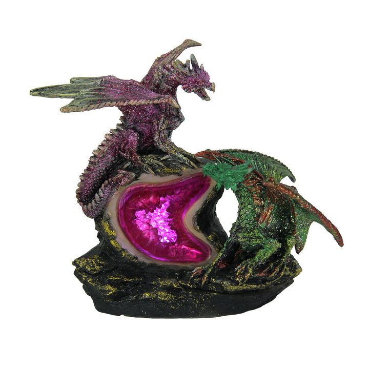 Purple And Green Battle Dragons Gothic Color Changing LED Geode Statue