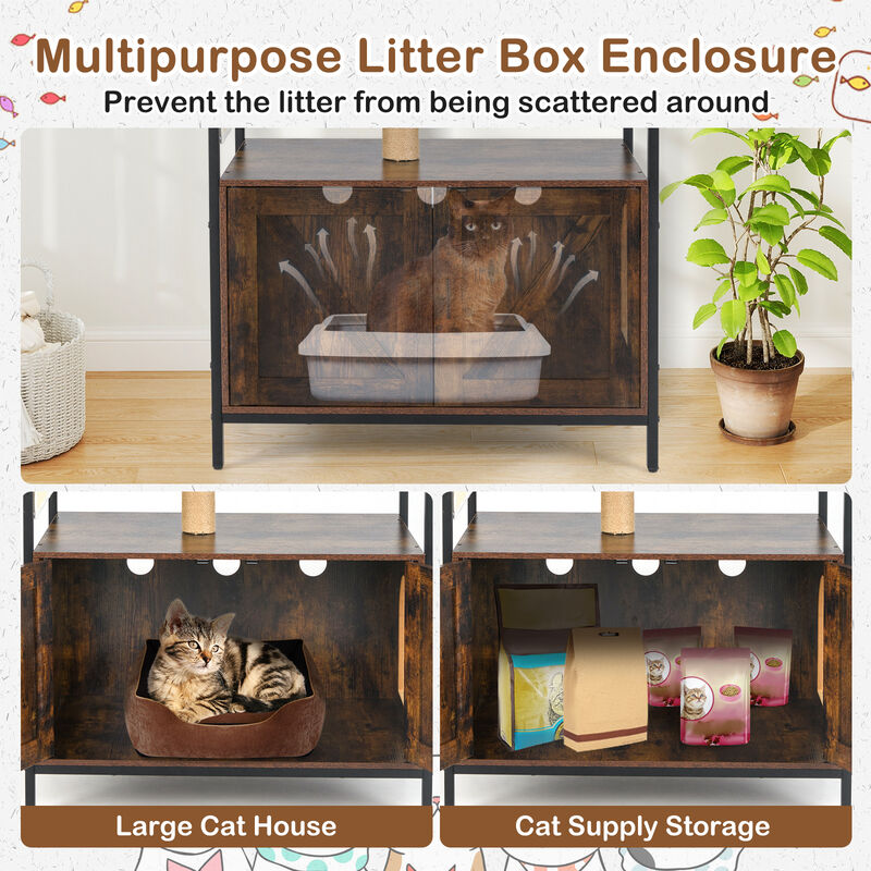 Industrial Indoor Cat Condo with Litter Box &ndash; Multi-Level Cat Tree Furniture - Rustic Brown image number 4
