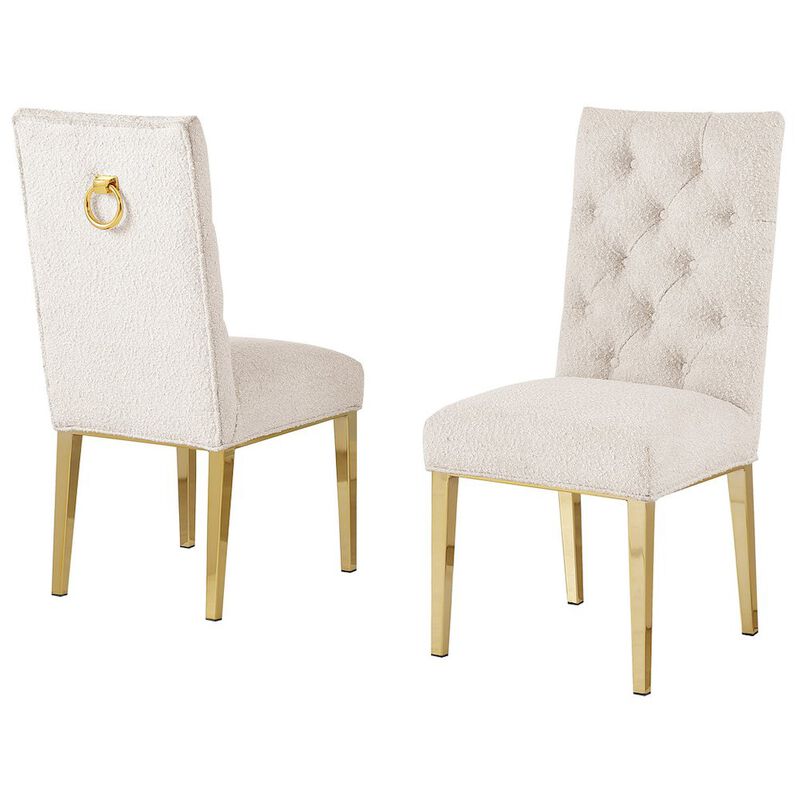 Best Quality Furniture Cream Boucle Fabric With Gold Chrome Base Dining Chairs (Set Of 2)