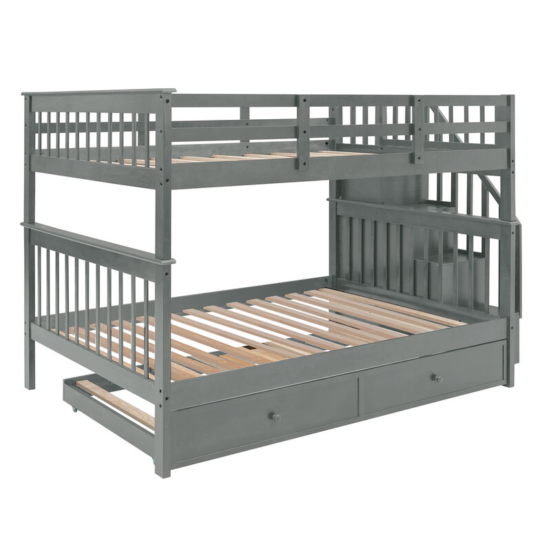 Whisen Stairway Full-Over-Full Bunk Bed with Twin size Trundle, Storage and Guard Rail for Bedroom, Dorm