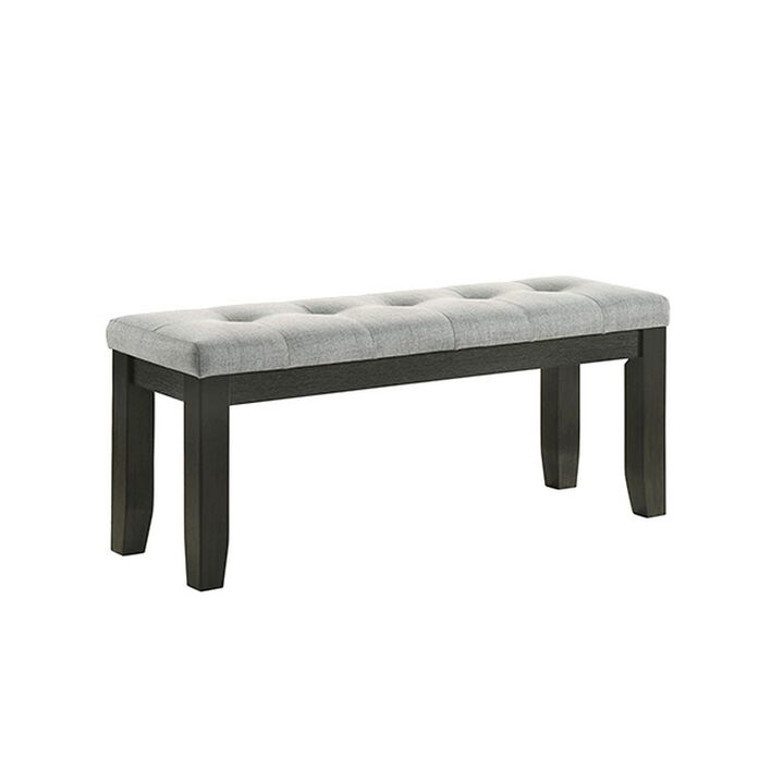 Woodlands 48 Inch Bench, Classic Wood Frame, Soft Gray Finished Fabric - Benzara