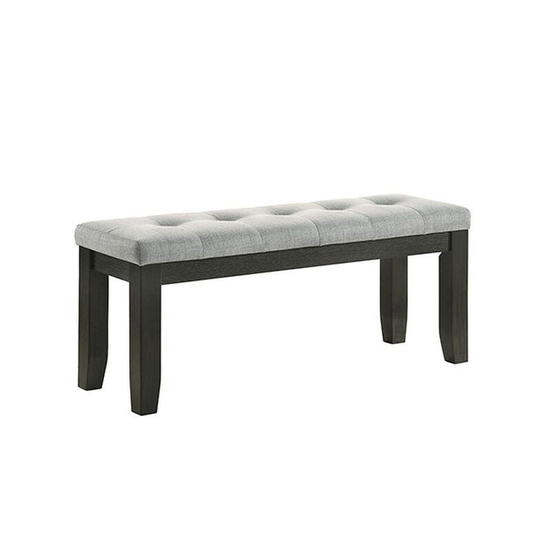 Woodlands 48 Inch Bench, Classic Wood Frame, Soft Gray Finished Fabric - Benzara