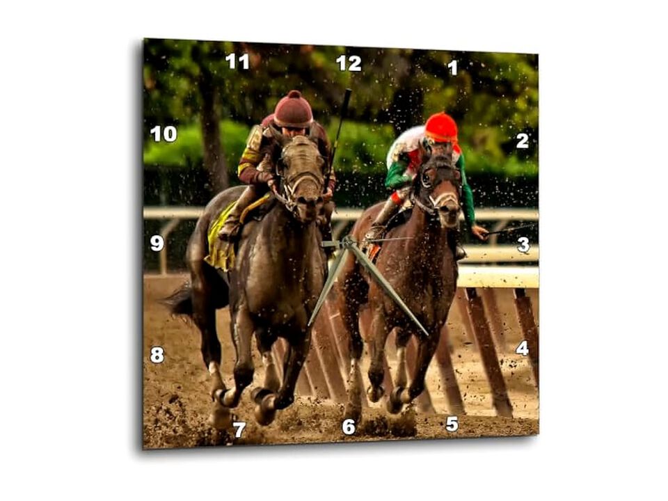 Two Horses Jockeys Racing Finish Line Wall Clock 13 Inch Home Decor