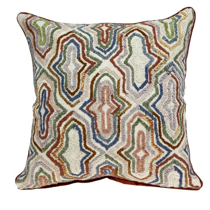 18" Beige and Brown Embroidered Geometric Striped Square Throw Pillow