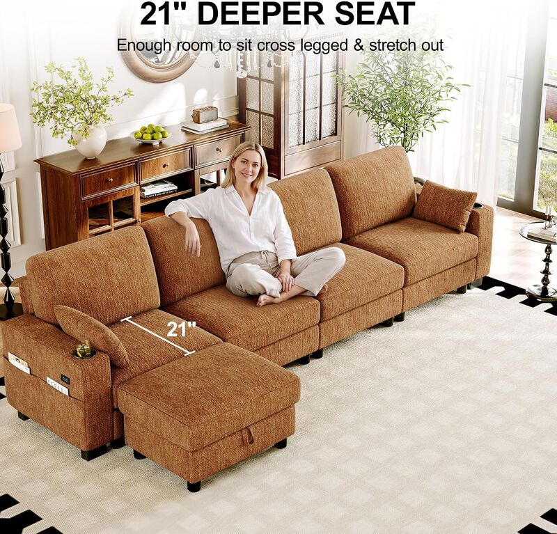 Vipbear 128 Inch Modular Sectional Sofa, Comfy Chenille 5 Seater L Shaped Cloud Couch with Ottoman image number 3